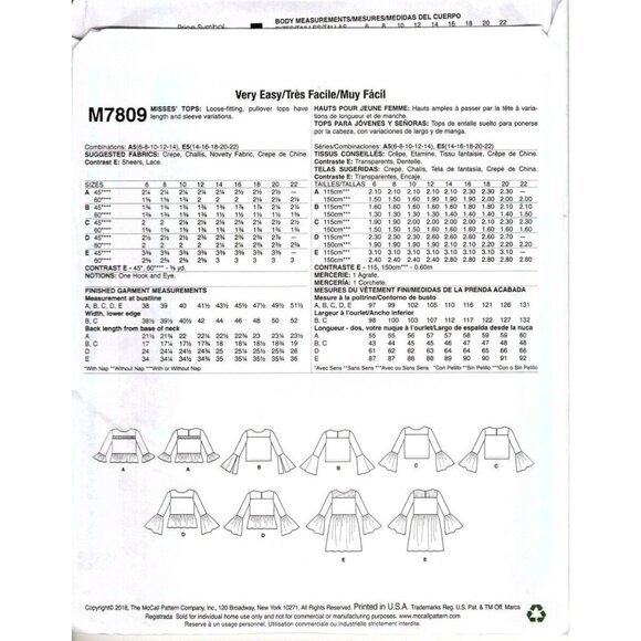 McCall's M7809 Misses 14 to 22 Very Easy Top, Tunic Uncut Sewing Pattern New - Picture 2 of 2
